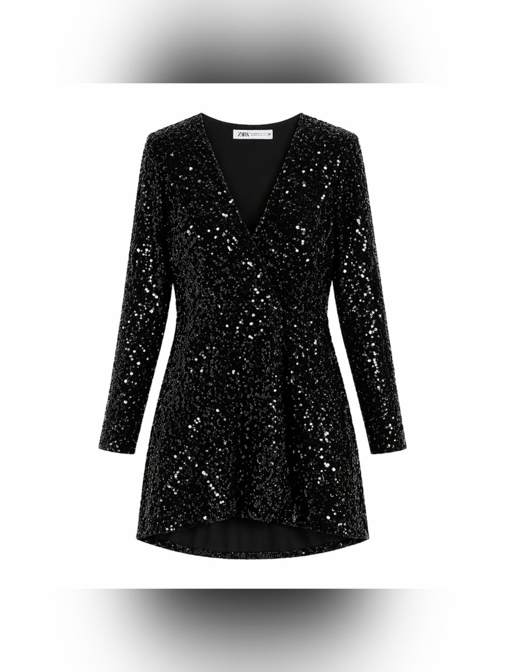 ZARA Black Sequin Mini Dress Long Sleeve V Neck Sparkly Party Dress Size M